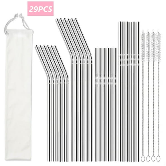 Tivamiko 24 pack Reusable Stainless Steel Straws with Case & 4 Brushes - Fits 30oz & 20oz Tumblers (Long & Short) - Dishwasher Safe, BPA-Free, Silver