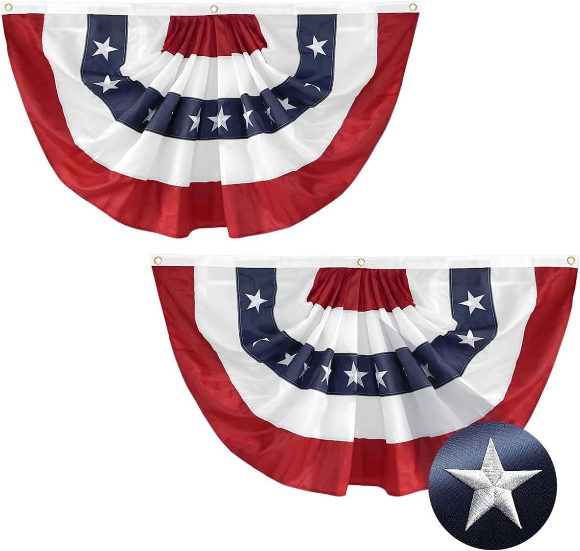 Tivamiko 2pcs 2x4ft Patriotic Pleated Fan Flags with Embroidered Stars- American Bunting for 4th of July Porch & Garden Décor