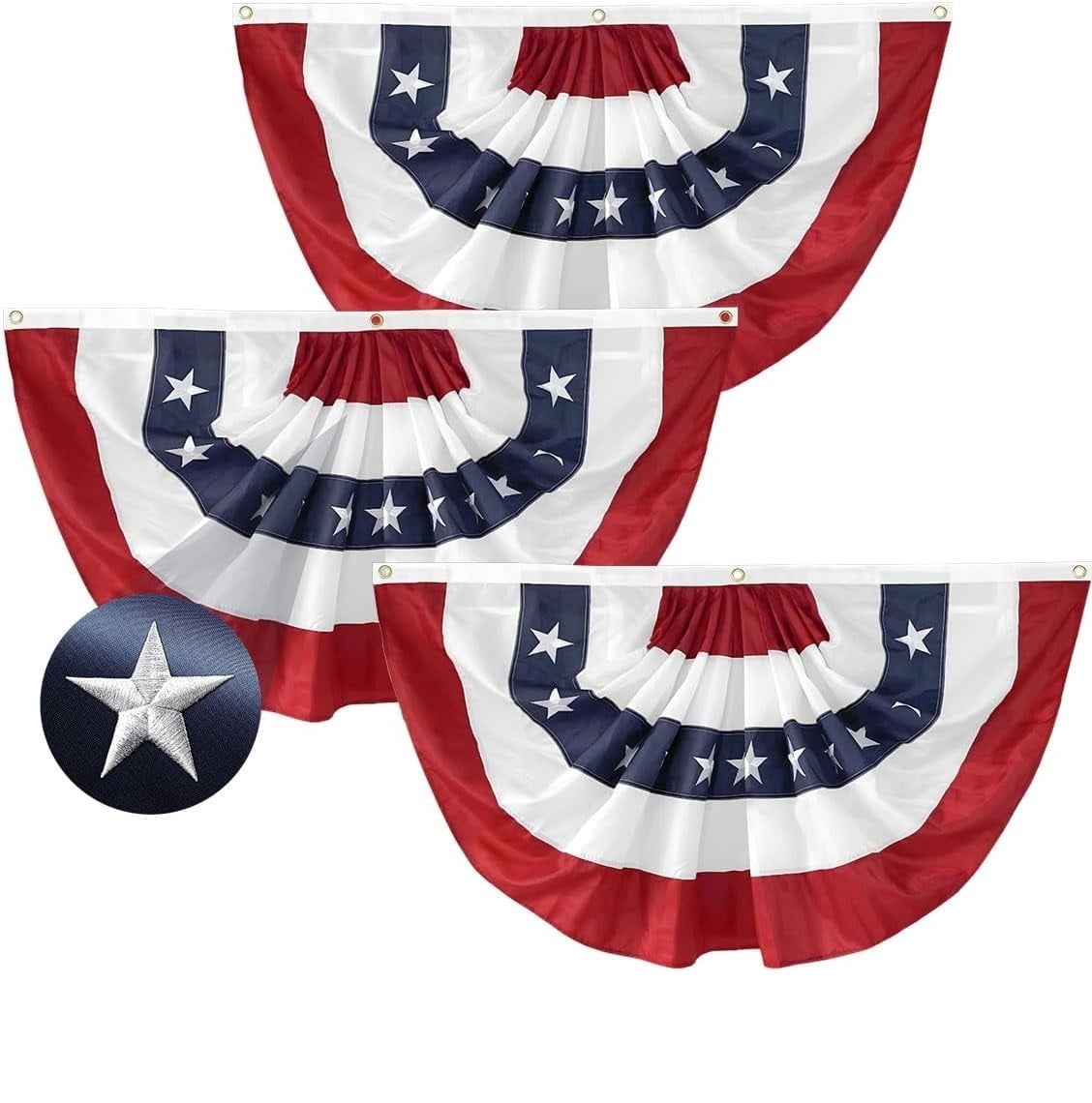 Tivamiko 3pcs 2x4ft Patriotic Pleated Fan Flags with Embroidered Stars- American Bunting for 4th of July Porch & Garden Décor