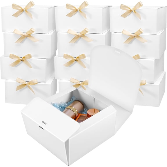Tivcck 12 Pack White Gift Boxes with Lids,8 x 8 x 4 Inch Gift Boxes Bulk,Bridesmaid Proposal Box with Gold Ribbon,White Kraft Paper Box for Birthday,Wedding,Christmas,Party Favors