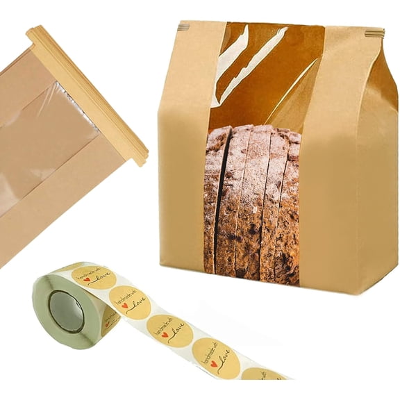 Tivkeber 100 Large Paper Bread Bags 14"x8.3"x3.5" w/Tin Tie Tab Lock & Clear Window for Homemade Sourdough, Bakery, Cookies + Labels