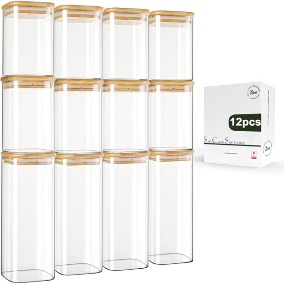 Tivkeber 12-Pack Square Glass Storage Jars w/ Bamboo Lids (0.6/1.06Qt) - Stackable Food Containers for Pantry, Coffee, Flour, Snacks, Tea Canisters Set