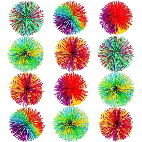 Tivkeber 12 Pcs Stringy Balls Sensory Stress Relief Rainbow Pom Bouncy Fidget Toys Party Favors Birthday Gifts, Multicolor (2.75")