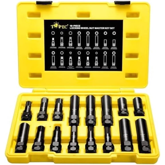 Tivkeber 16-Piece Locking Lug Nut Master Key Set, 5 6 7 12 Spline, Star & Internal Hex Style, CR-MO Steel (Not for Hex, Deep, Large-Size, 10-Spline)