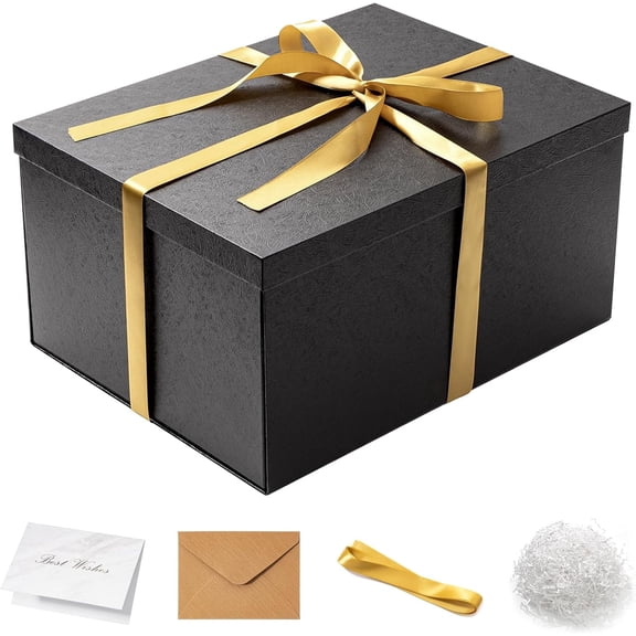 Tivkeber 16x12x8" Large Gift Box with Lid for Presents - Black Deep Box for Christmas, Birthday, Valentine's, Mother's Day, Includes Crinkle Paper, Ribbon & Card
