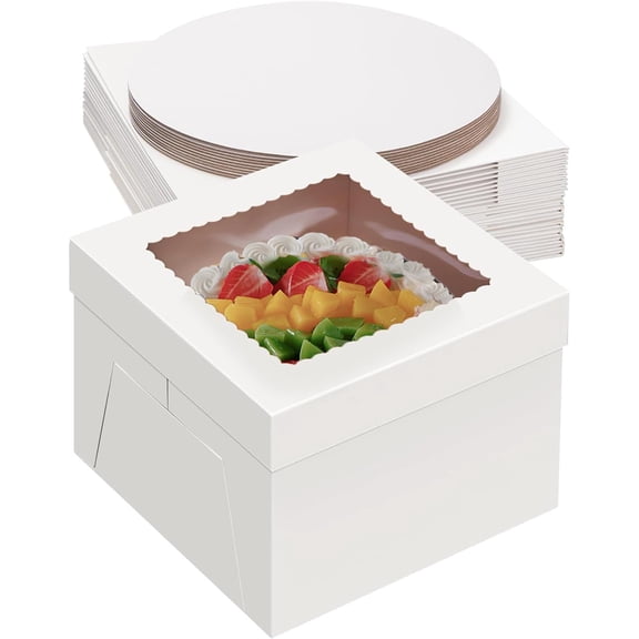 Tivkeber 20-Pack 12" Cake Boxes with Boards, 12x12x8" White Bakery Boxes with Window for Cakes, Cookies, Pastries, Pies, Weddings, Birthdays