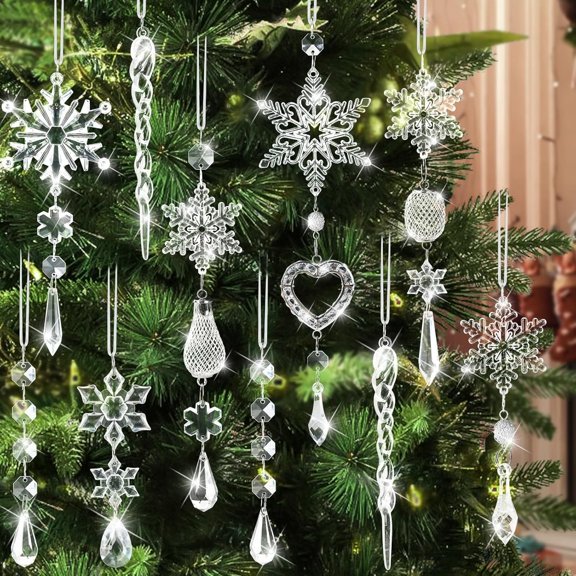 Tivkeber 21pcs Crystal Christmas Tree Ornaments, Sparkling Snowflake Design Hanging Decor for Festival Party, Dazzling Holiday Season Home Decoration