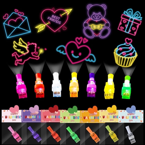 Tivkeber 28 Pack Valentines Day Cards for Kids School with Finger Lights, Light Up Toys, 7 Designs, Classroom Exchange Party Favors