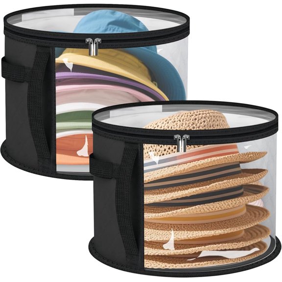 Tivkeber 2PCS Extra Large Clear Hat Organizer for Travel & Wardrobe, Holds 7 Hats, Round Hat Box Storage for Women & Men, Cowboy Hat Organizer, Cloth with Handle(Black)