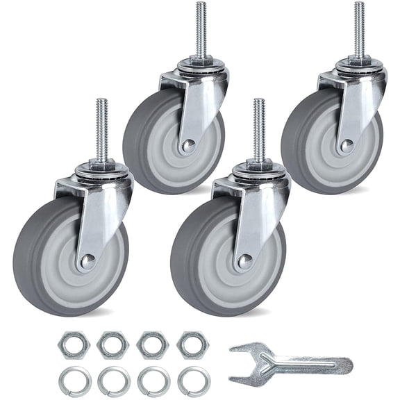 Tivkeber 3" Heavy Duty Swivel Caster Wheels 5/16"-18x1-1/2 Threaded Stem, Rubber Industrial Casters for Wire Shelving/Furniture/Carts, 720 Lbs Load, Gray (Set of 4)