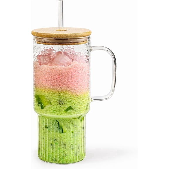Tivkeber 32oz Ribbed Borosilicate Glass Tumbler w/Handle, Bamboo Lid & Straw, Clear 1-Pack