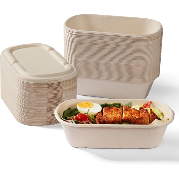 Tivkeber 34oz Disposable Food Containers with Lids - Sugarcane Pulp Take Out Boxes, Biodegradable, Compostable & Microwave Safe To-Go Boxes for Meal Prep - 50 Pack