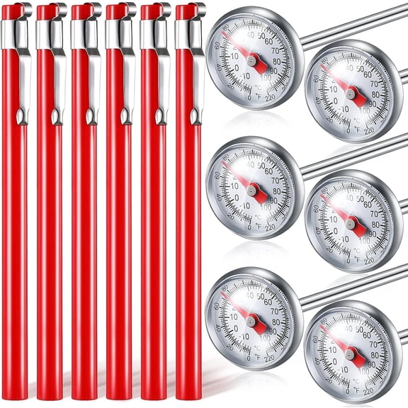 Tivkeber 6 Pcs Stainless Steel Kitchen Thermometer, 5" Long Stem, Dial for Milk, Oven, Meat, Grill, BBQ, Cooking, Chocolate, Water (Red)