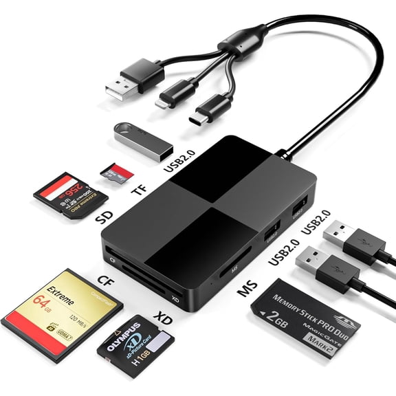 Tivkeber 8-in-1 Memory Stick Pro Duo Adapter Reader for iPhone/PC/Android, Multi Card Reader with 3 USB 2.0 Ports, USB C OTG Adapter XD Picture Card