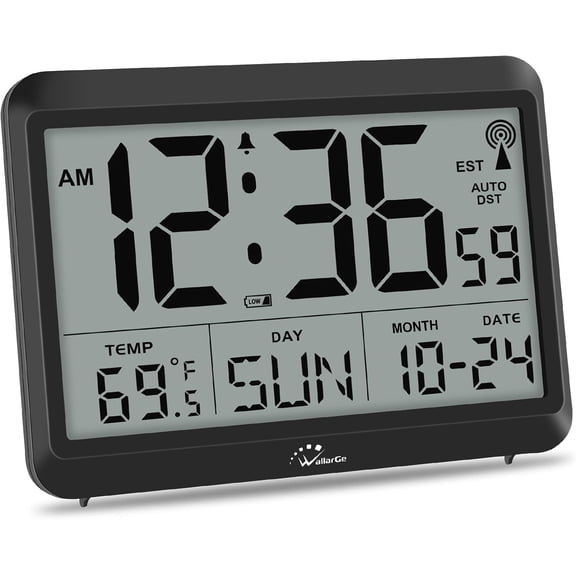 Tivkeber Atomic Digital Wall Clock, Self-Setting, Large Display w/ Temp, Date, Day, Silent Mount, 4 Time Zones, DST