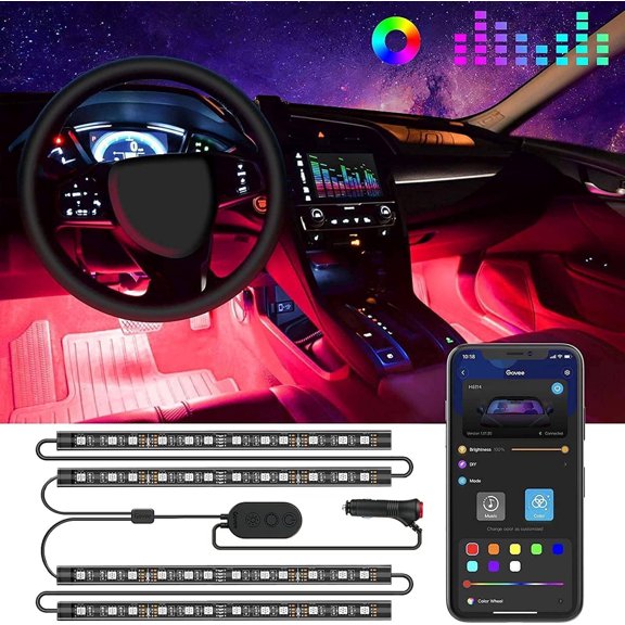 Tivkeber Car LED Lights, App Control RGB Interior Lights, DIY & Music Mode, 2 Lines Design, 12V Charger
