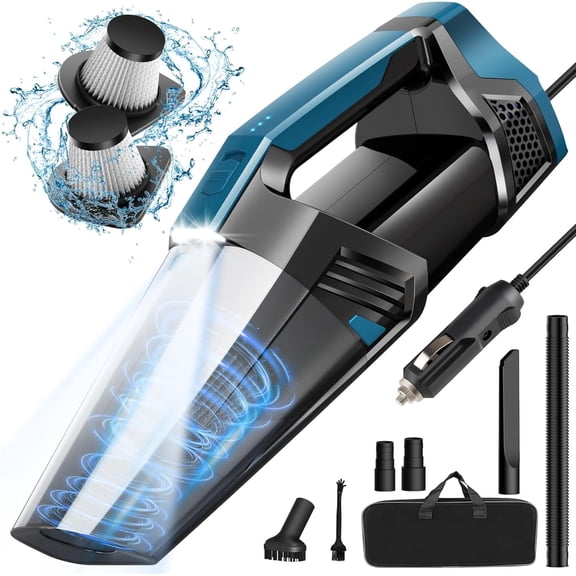 Tivkeber Car Vacuum - Portable Cleaner, 16.4ft Cord, Bag, LED Light & Attachments, DC 12V High Power Small Vacuum