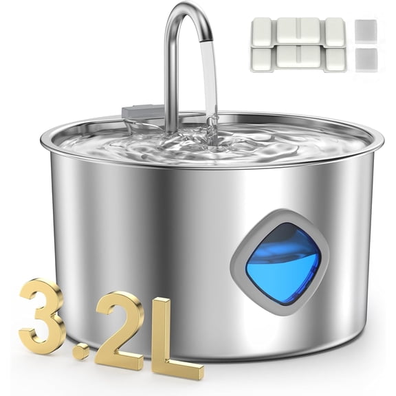 Tivkeber Cat Water Fountain, 108oz/3.2L Stainless Steel Pet Water Dispenser, Automatic Silent for Cats & Dogs, Indoor Metal Kitty Spout Fountains (2 Filters + 2 Sponges)