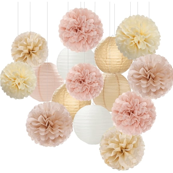 Tivkeber Champagne Gold White Party Decorations - 15PCS Paper Flowers & Lanterns for Boho Fall Rustic Wedding, Baby Shower, Birthday Decor