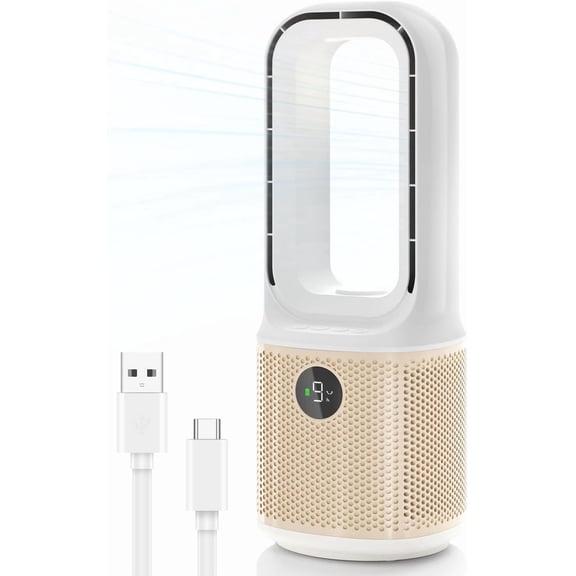 Tivkeber Desk Fan, Quiet Bladeless Fan, 9 Speed, 3 Light Modes, 14" USB Rechargeable 5000mAh, 60 Oscillating Cooling for Office, Bedroom White