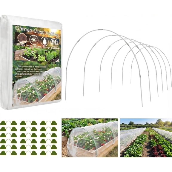 Tivkeber Garden Netting Kit for Raised Beds, 10x30FT Ultra Fine Mesh Net & 5 Hoops w/18 Clips, Greenhouse Row Cover for Veggies, Fruits, Flowers