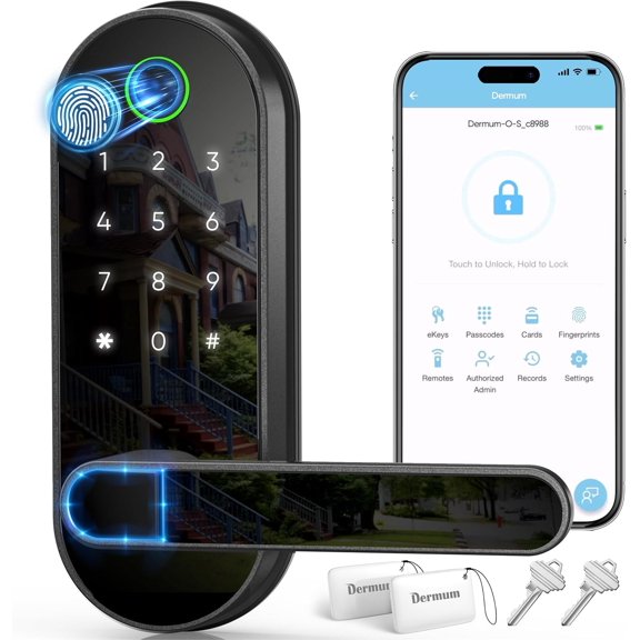 Tivkeber Keyless Entry Fingerprint Smart Lock w/Handle & Keypad: Electronic Code, App Control Biometric Deadbolt for Front, Interior, Exterior Door (Black)