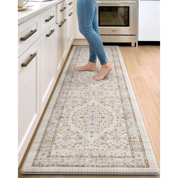 Tivkeber Kitchen Floor Mat, 23x86" Anti-Fatigue Comfort Runner Rug, Waterproof Memory Foam Padded for Sink, Laundry, Beige/Ivory
