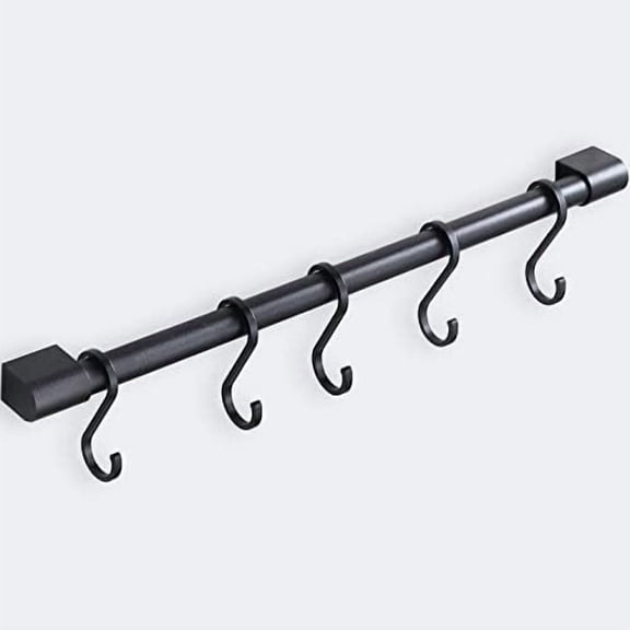 Tivkeber Kitchen Rail with 5 Hooks, Wall Mount Pan Pot Hanger, Aluminum Utensil Rack for Kitchen Storage (17.3in, Black)