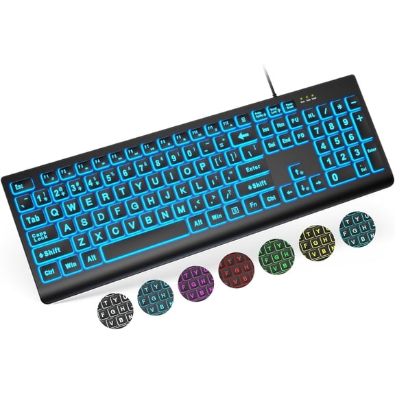 Tivkeber Large Print Backlit Keyboard, Wired USB, 7-Color LED, Oversize Letters, Easy to See & Type, for PC/Laptop