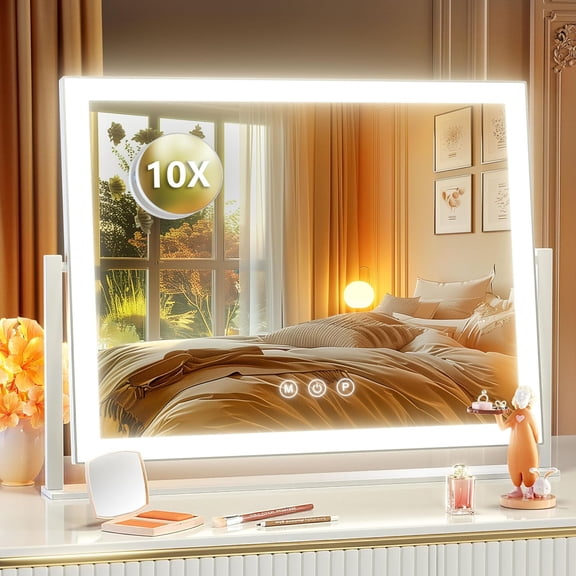 Tivkeber Lighted Makeup Mirror, 17.3"x13" Hollywood Vanity Mirror w/LED Lights, 3 Color Modes, 10X Magnification, Smart Touch, 360 Rotation (White)