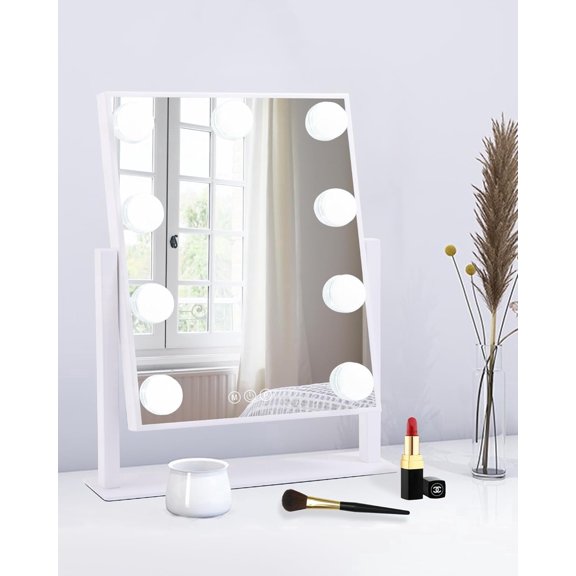 Tivkeber Lighted Makeup Mirror, Hollywood Vanity w/ Lights, Touch Control, 3 Color LED, 10X Magnification, 360 Rotation, White, 12"x14"