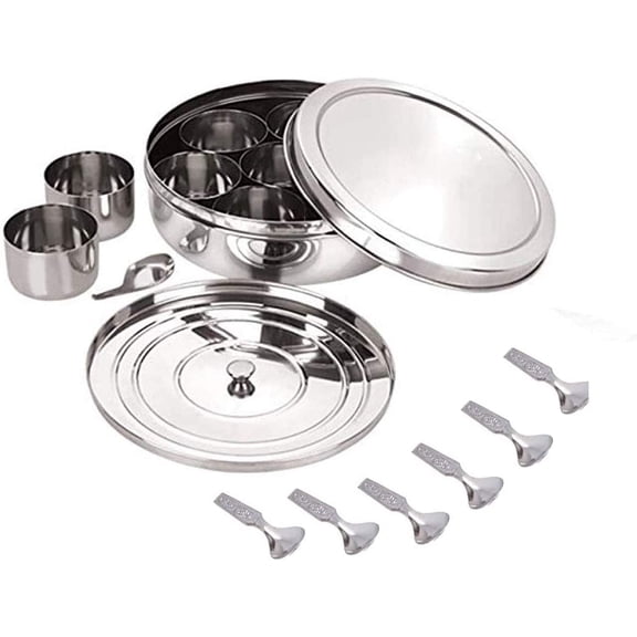 Tivkeber Masala Dabba Spice Box, 7 Containers & 2 Spoons, Lid Included