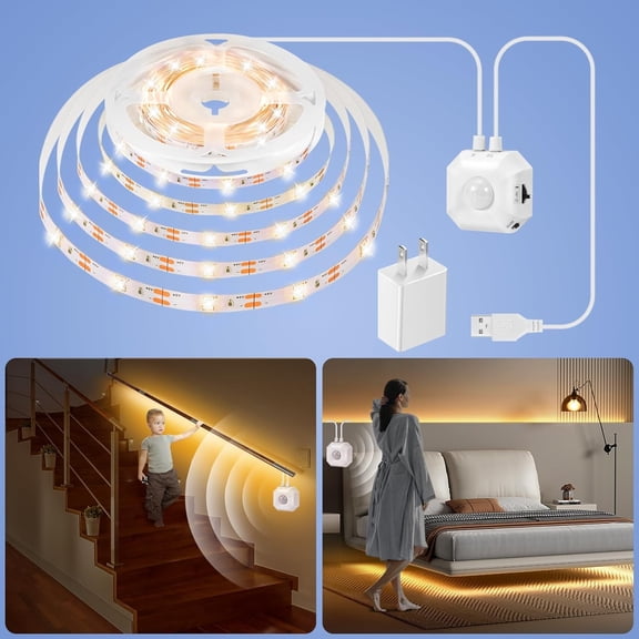Tivkeber Motion Sensor LED Strip Lights, 16.4Ft Dimmable Under Bed Cabinet Kitchen Stair Closet Warm White USB Activated Light