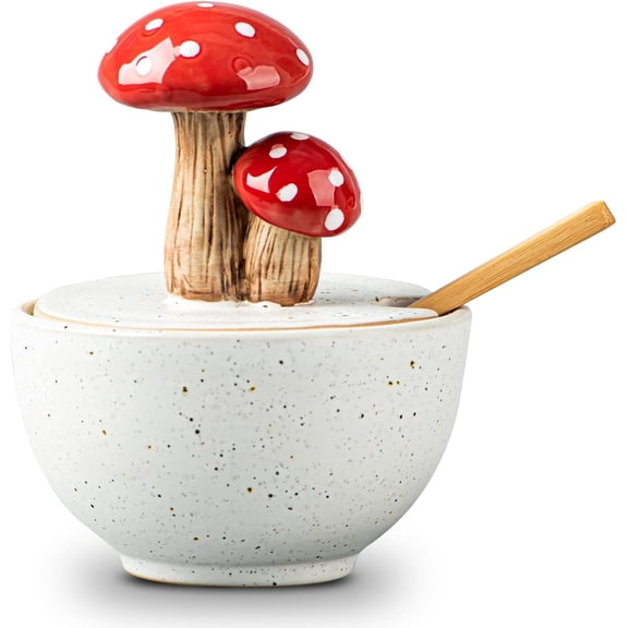 Tivkeber Mushroom Salt Cellar with Lid, Ceramic Salt Box White, Salt Bowl Container with Bamboo Spoon, Salt Holder Well Keeper