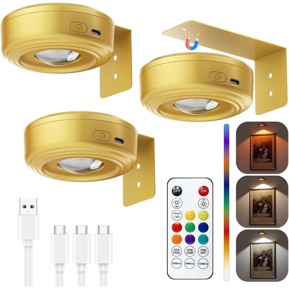 Tivkeber Picture Lights for Wall, 2000mAh Rechargeable Magnetic Poster Lights w/Remote, 3 Color Temps & RGB Dimmable Timer, Art Display Frame (3 Pack)
