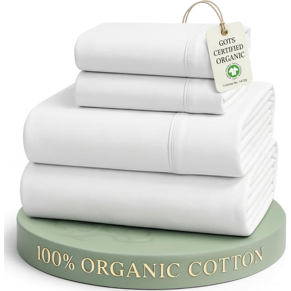 Tivkeber Queen Sheet Set, 100% Organic Cotton GOTS Certified, Percale Weave, Deep Pocket, 4 Piece, Soft, Breathable, Cooling, Crisp White