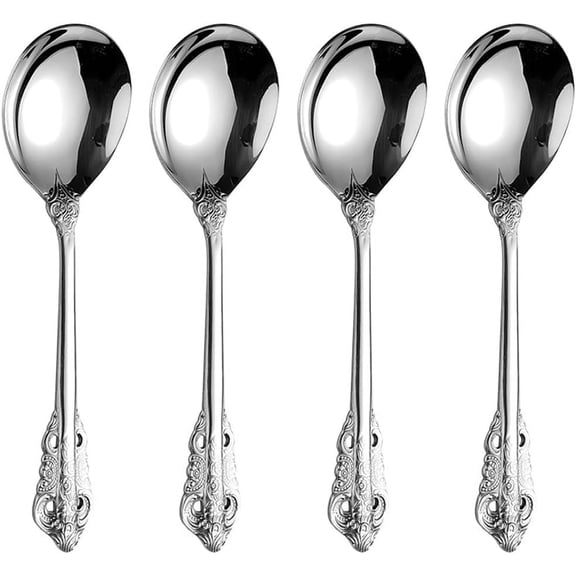 Tivkeber Round Soup Spoons, 18/10 Stainless Steel Embossed Texture, Table Silverware, Bouillon Spoons, Silver (4 Pack)