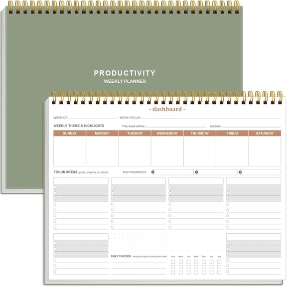 Tivkeber Weekly Productivity Planner - 8.5" x 11" Dashboard Desk Notepad, 6 Focus Areas for Goals, Projects, Clients, Academic, Meal-Organize Daily Work, 54 Weeks, Green