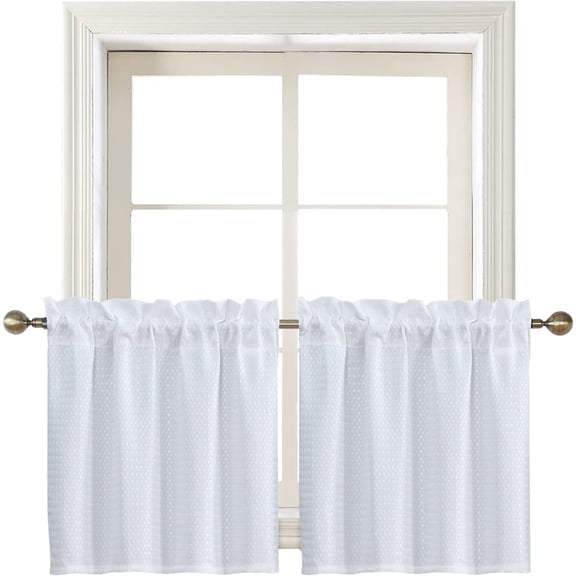 Tivkeber White Water Resistant Waffle Textured Half Tier Curtains for Kitchen, Bathroom, Cafe, 28" W x 24" L, Set of 2