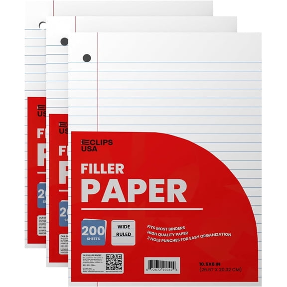 Tivkeber Wide Ruled Loose Leaf Paper, Lined Writing Filler Paper, 10.5 x 8, 56 gsm, 600 Sheets (3 Pack)