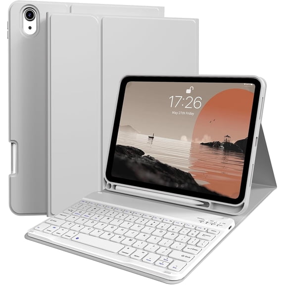 Tivkeber for iPad 11/10th Gen Case with Keyboard 11/10.9" 2025/2022, Detachable Wireless Bluetooth Keyboard Case, Thin & Light, Pencil Holder, White Square Keycaps (Gray)