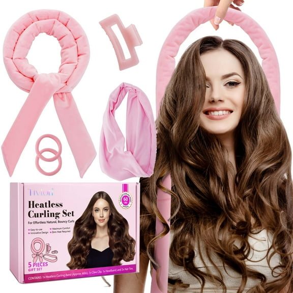 Tivlon Heatless Curling Set Pink - No Heat Curling Headband 60inch - Heatless Overnight Hair Curls for Long Hair, 5 Pieces Gift Set