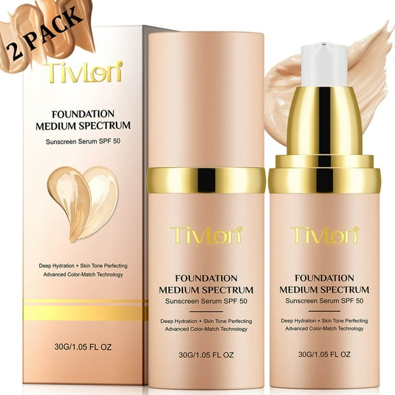 Tivlon Liquid Color Matching Foundation SPF 50 2-Pack, Medium Spectrum Concealer Natural Makeup, Long Lasting and Sweatproof