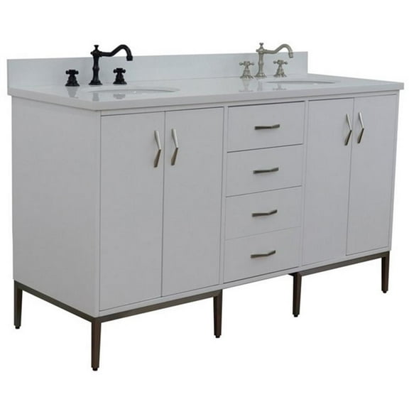 Tivoli 61" Double Oval Sink Solid Wood Vanity in White/White Quartz Stone