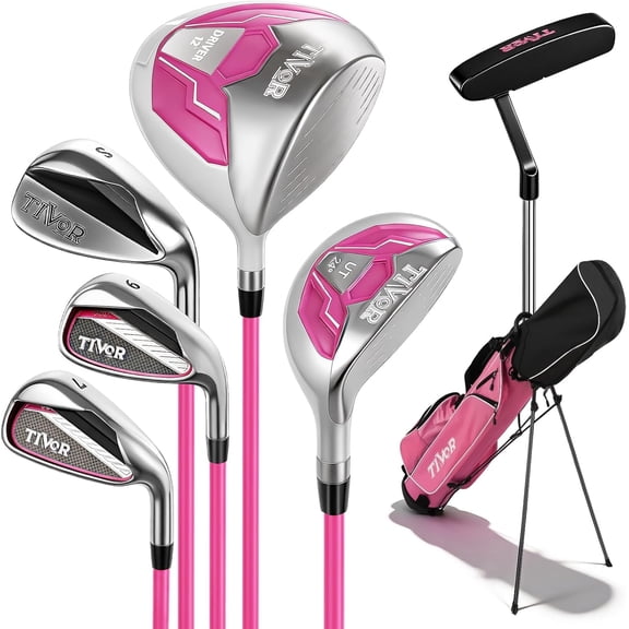 Tivor 7-Piece Golf Clubs Set for Women Right Handed – Complete Beginner Set with Driver, Hybrid, 7 Iron, 9 Iron, Sand Wedge, Putter & Stand Bag, Pink