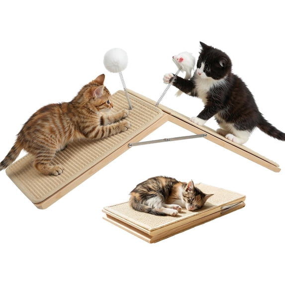 Tivray Cat Scratcher, Cat Sisal Scratching Ramp, Foldable Wooden Scratching Board with 2 Spring Plush Toys, Triangle Kitten Ramp Protect Furniture, Solid Non-Slip Scratch Pad for Indoor Multiple Pets