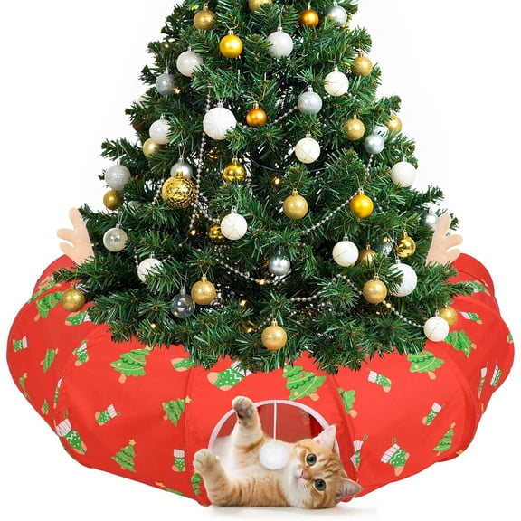 Tivray Cat Tunnel Bed Under Christmas Tree, 35' Xmas Peekaboo Cat Cave with Toy Balls and Circle Cushion. Multifunctional Playground Pet Toys Gifts for Kitty, Rabbit and Small Animals, Red + Green