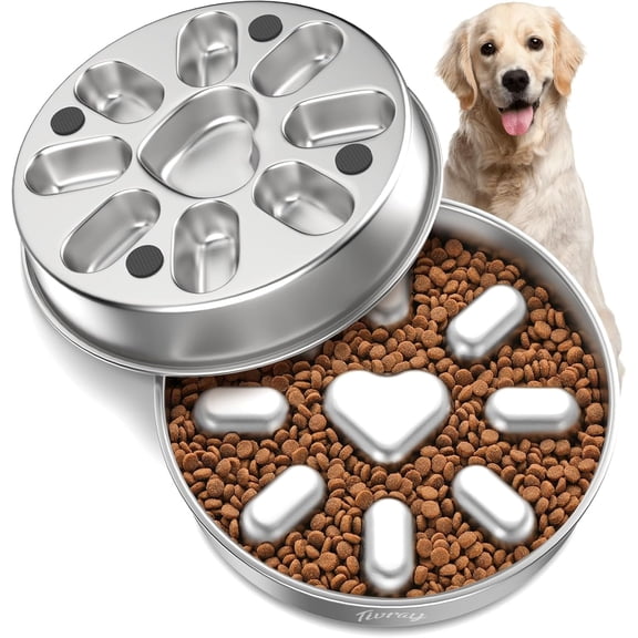 Slow Feeder Dog Bowls, 304 Stainless Steel Slow Feed Pet Bowl with Non-Slip Base for Medium Breed Dogs to Stop Bloat Prevent Choking, Dishwasher Safe, Silver