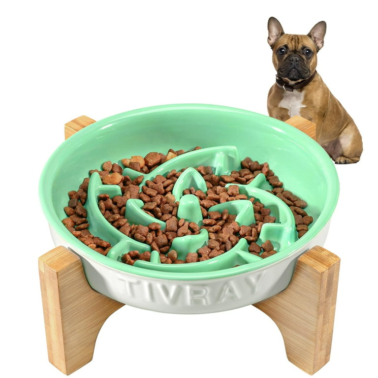 Tivray Slow Feeder Dog Bowls Ceramic 1.5 Cups Dog Slow Feeder Bowl Anti gulping Prevent Choking Dog Food Bowls Slow Feeder for Fast Eaters Raised Dog Bowl with Wooden Stand Green C28