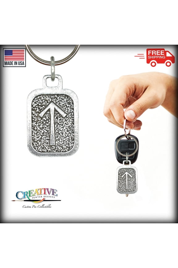 Tiwaz Keychain, L072KC, 1 1/4 Inch, Norse Runes, Viking, Warrior, Gift, Metal, Engraved, Key Fob, Key Ring, Keys, Zipper Pull, Luggage Tag, Pewter, Backpack, Symbolic, Made in USA
